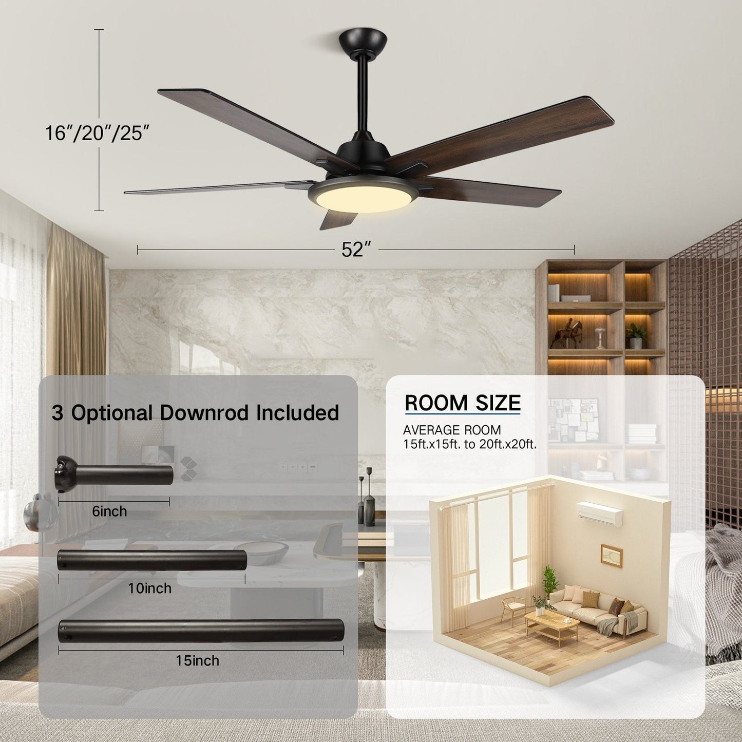 52 Modern Ceiling Fans with Lights and Remote, LED Dimmable