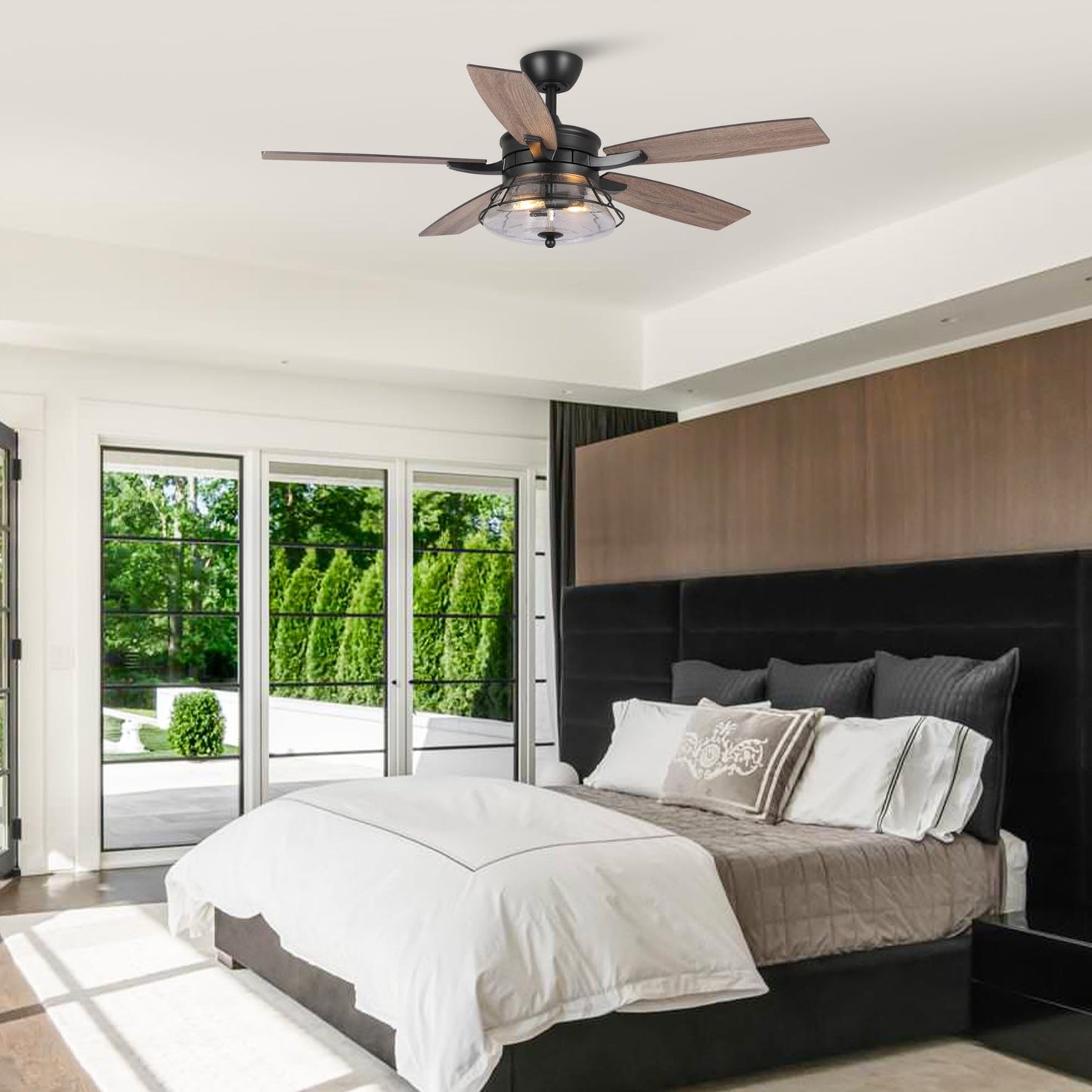 52 Industrial Seeded Glass Black Decorative Ceiling Fan with Remote and Light Kit