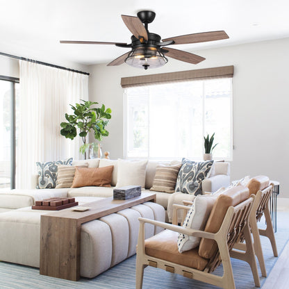 52 Industrial Seeded Glass Black Decorative Ceiling Fan with Remote and Light Kit