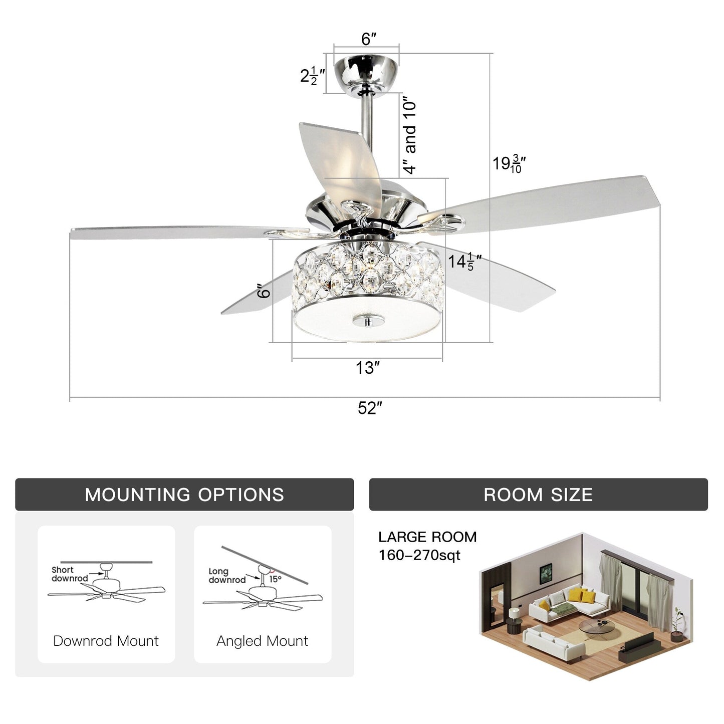 52 Modern 4-Light Chandelier Crystal Ceiling Fan with Remote