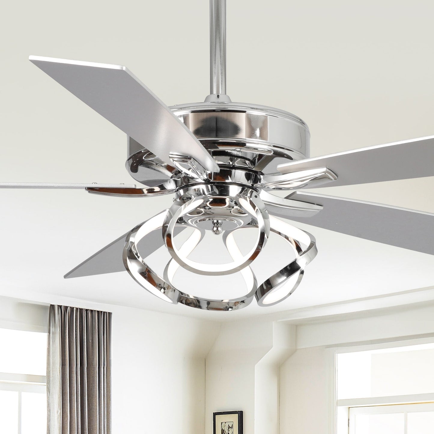 52 Modern Chrome/ Black Indoor Dimmable LED Ceiling Fan with Light and Remote