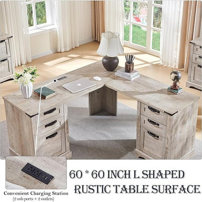 60 Farmhouse L Shaped Executive Desk, Wood Corner Desk, Computer Desk