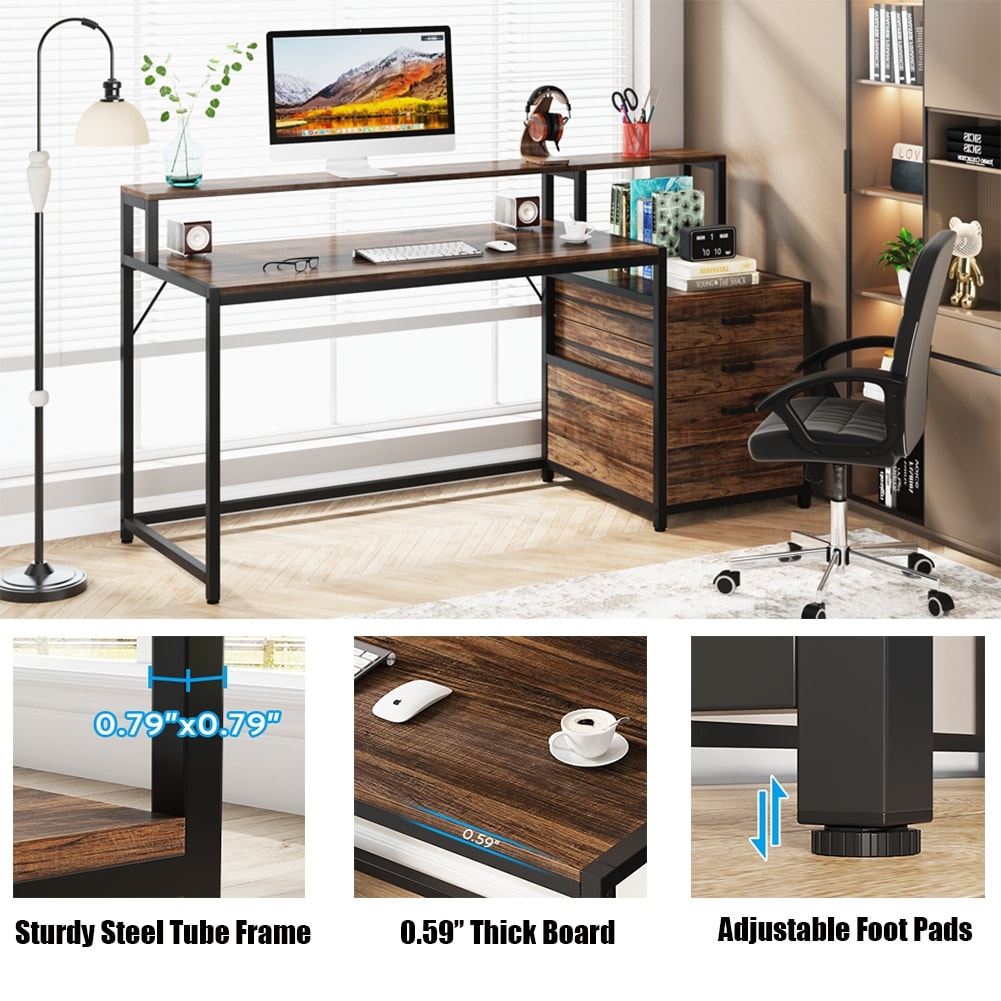 63 Computer Desk with Monitor Stand, Ergonomic Home Office Desks with Drawers File Cabinet