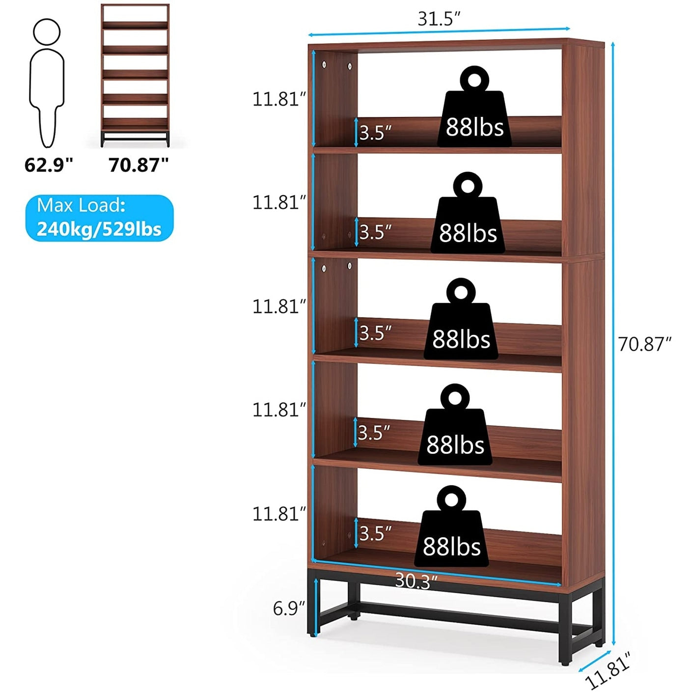 70.8 Inches Tall Bookcase and Bookshelf, 5-Tier Large Bookcases - 11.81D x 31.5W x 70.87H