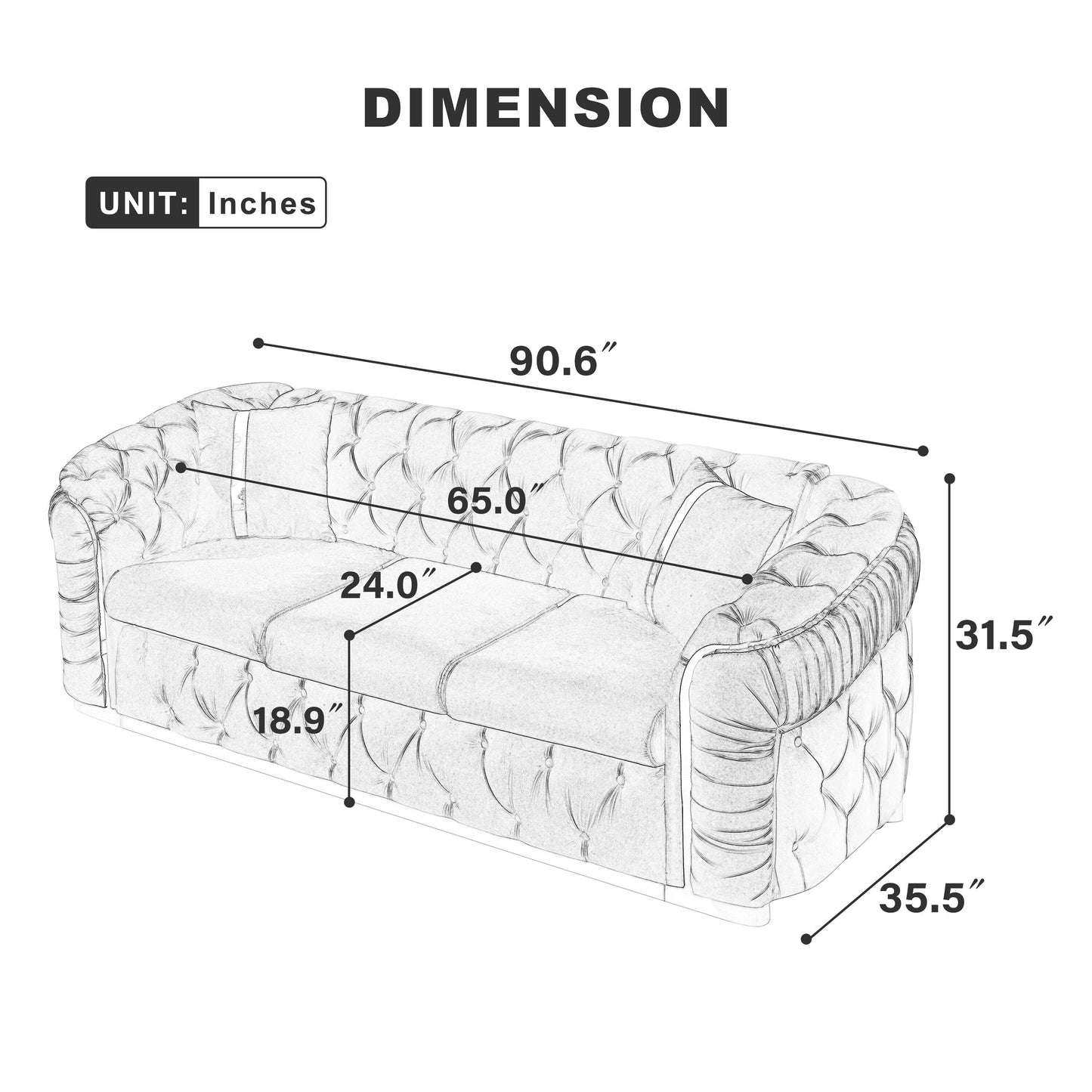90.6 Velvet 3-Seater Sofa with 2 Pillows High-Density Cushions, Gold Accents, and Pillows