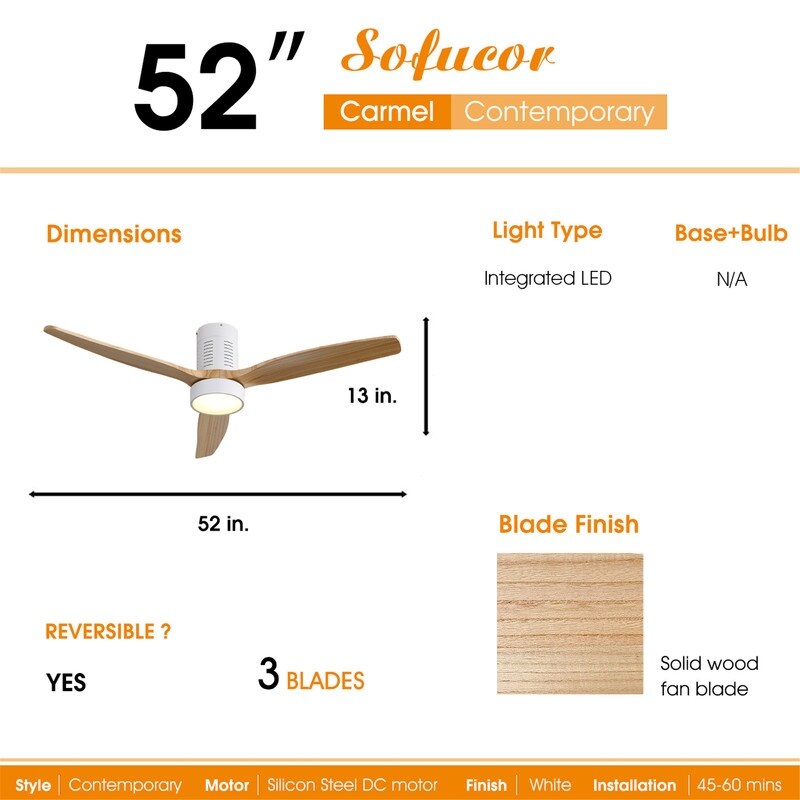 52 Inch Farmhouse Style Flush Mount Ceiling Fan with Light and Remote Control, Reversible DC Motor