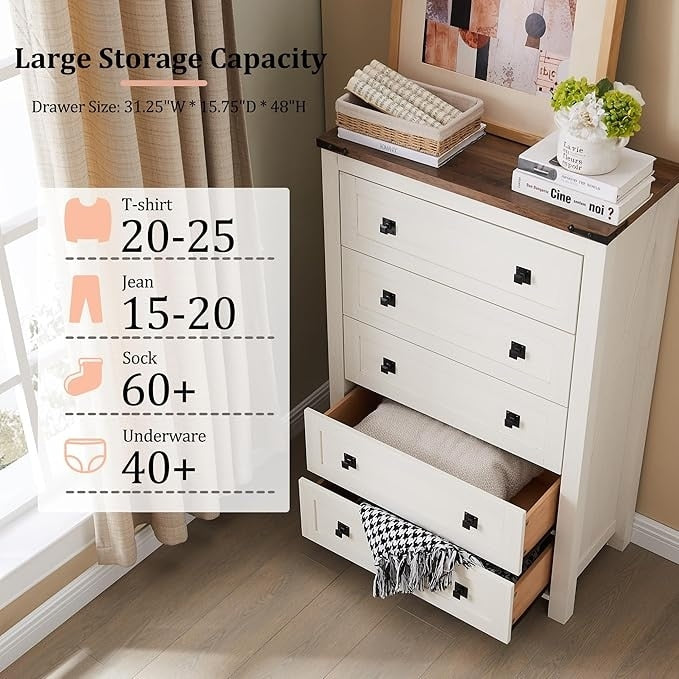 48 Tall Farmhouse 5 Drawer Wood Dresser, Chest of Drawers for Bedroom