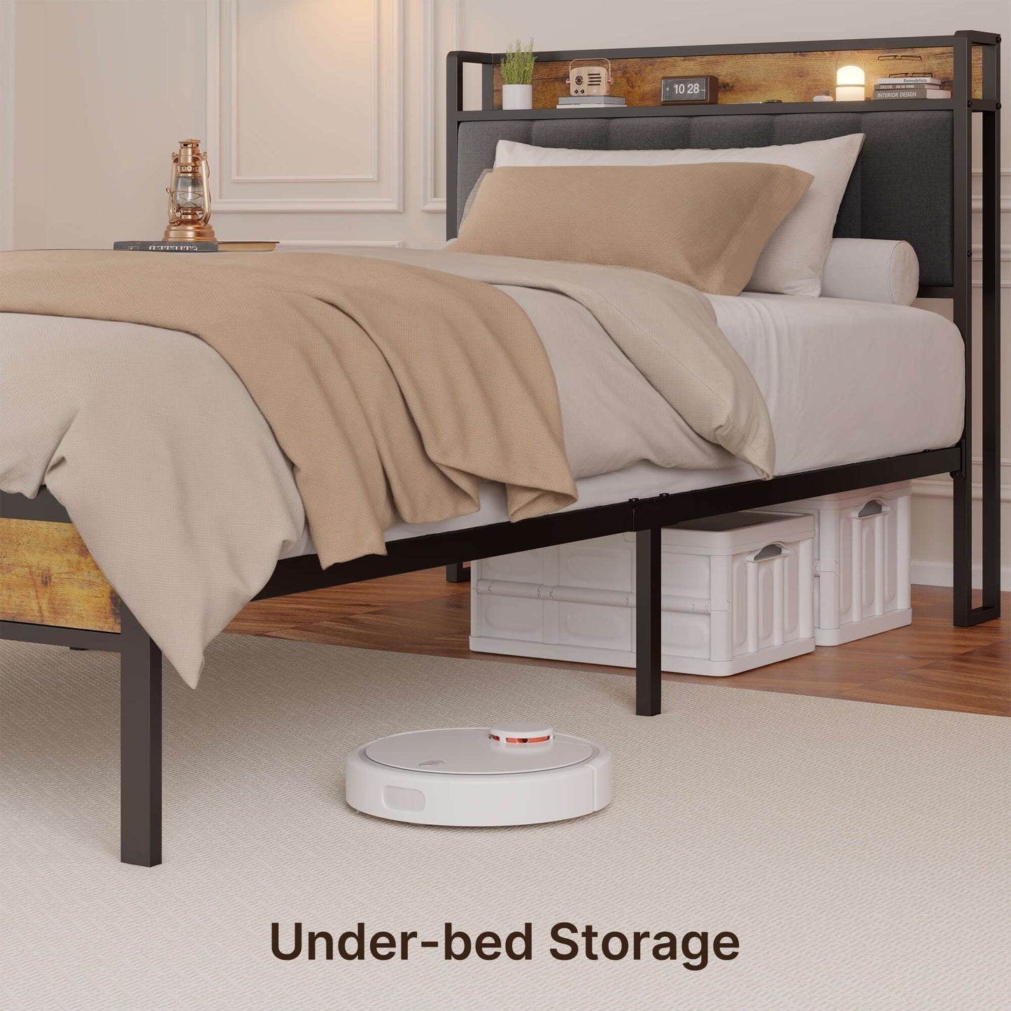 Twin / Full / Queen / King Size Metal Platform Bed Frame with Upholstered Storage Headboard