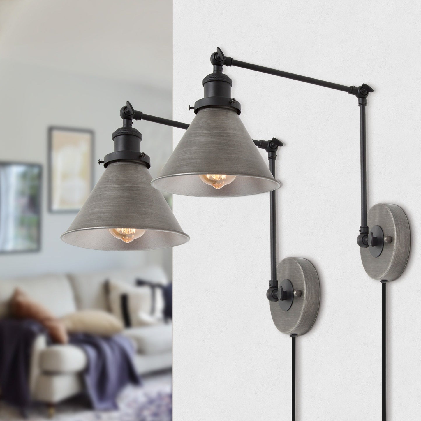 Set of 2 Modern Adjustable Swing Arm Lights Plug-in Hardwire Wall Sconces