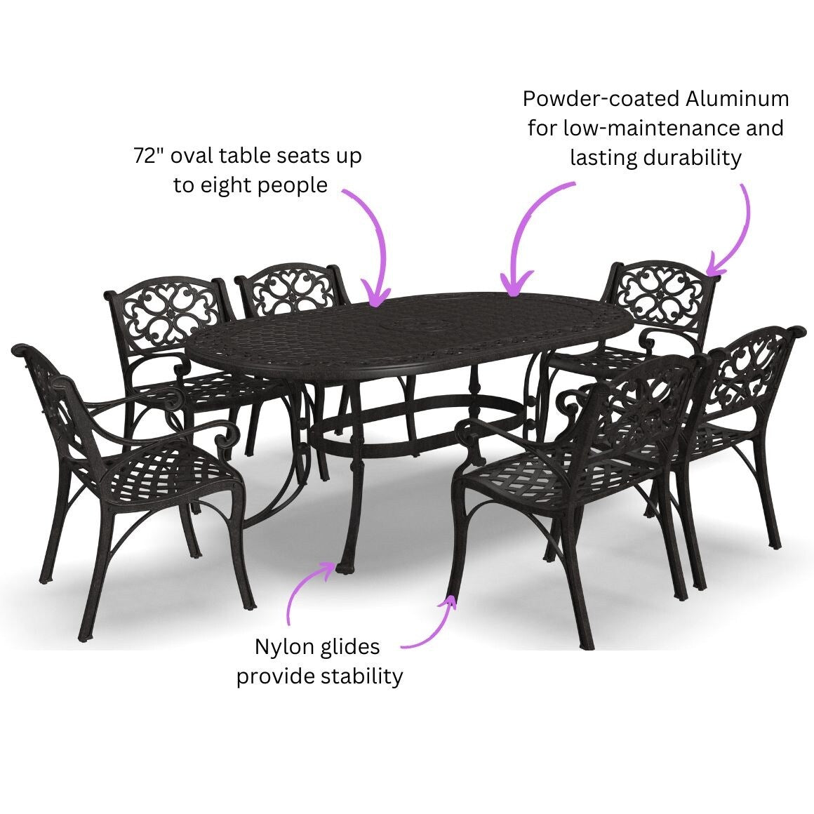 Sanibel Bronze Aluminum 7- Piece Outdoor Dining Set with 72 Oval Dining Table and Six Armchairs by Homestyles