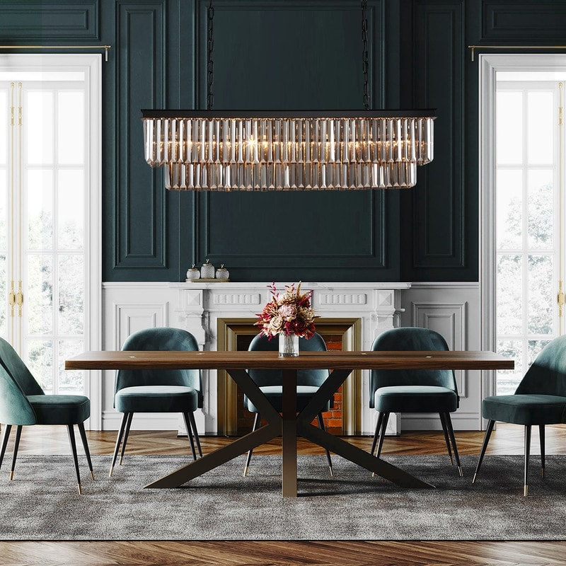 47 in. Smoked Gray and Black Modern Contemporary Crystal Chandelier 2-Tier Linear Kitchen Island Pendant Light for Dining Room