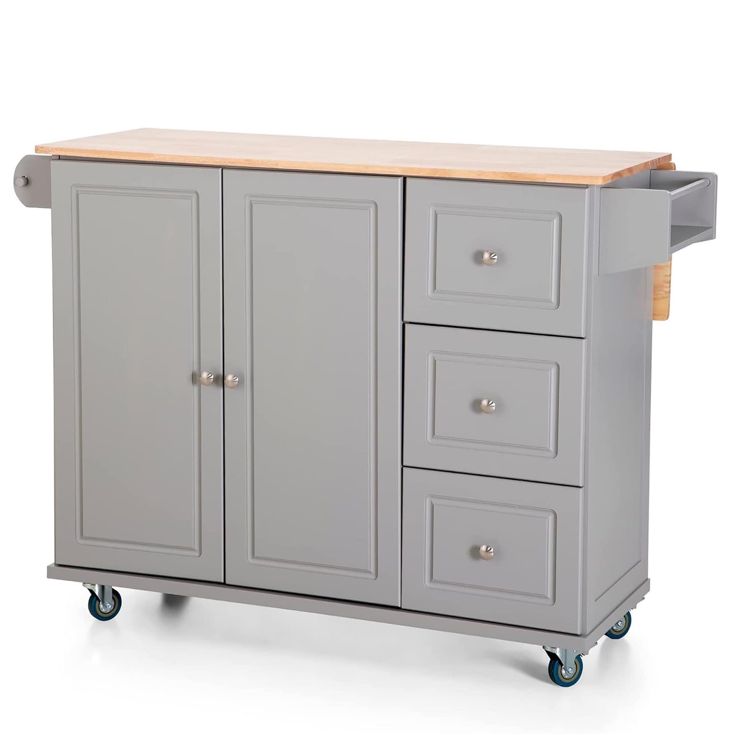 Sophia & William Kitchen Island Cart with Drop-Leaf and Rubber Wood Top, Rolling Kitchen Trolley Cart with Large Storage Cabinet