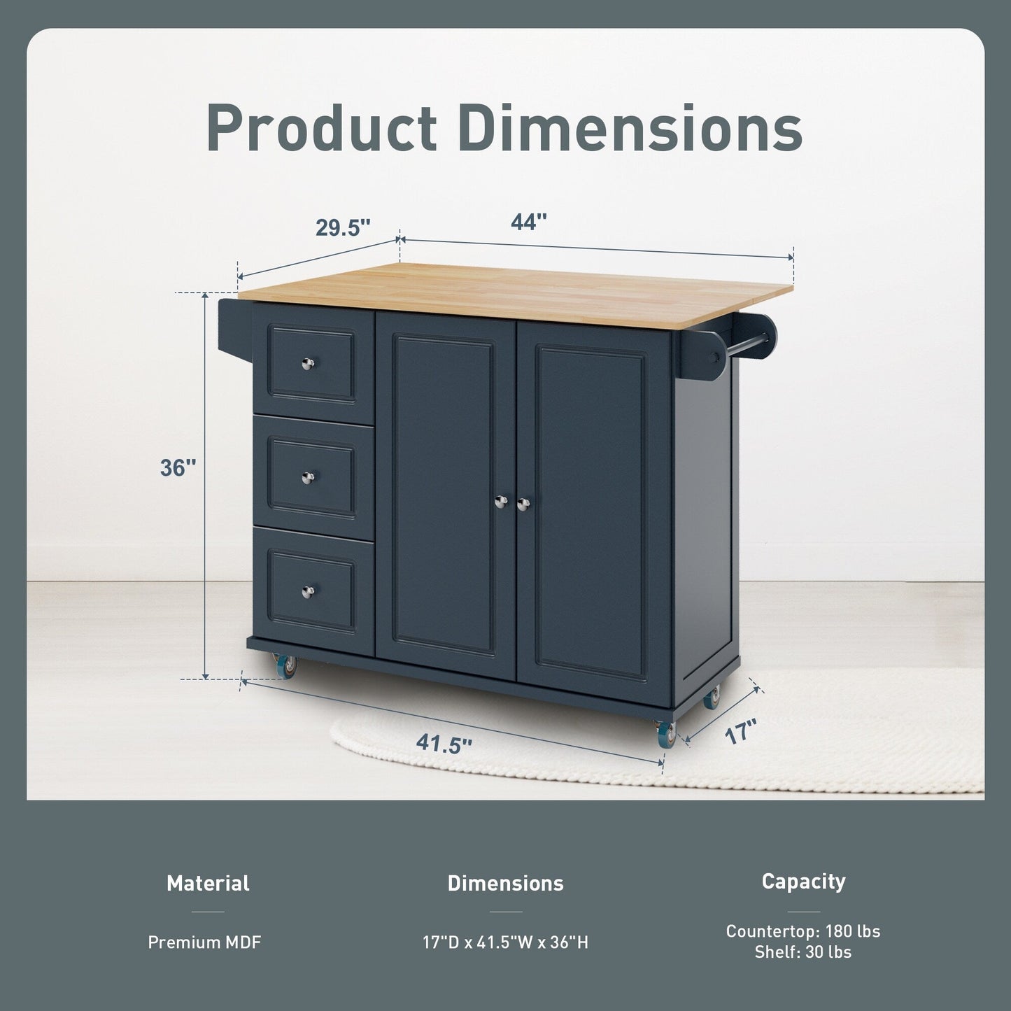 Sophia & William Kitchen Island Cart with Drop-Leaf and Rubber Wood Top, Rolling Kitchen Trolley Cart with Large Storage Cabinet