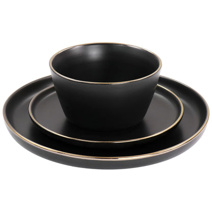 Stoneware Dinnerware 16 Piece Set in Black with Gold Rim
