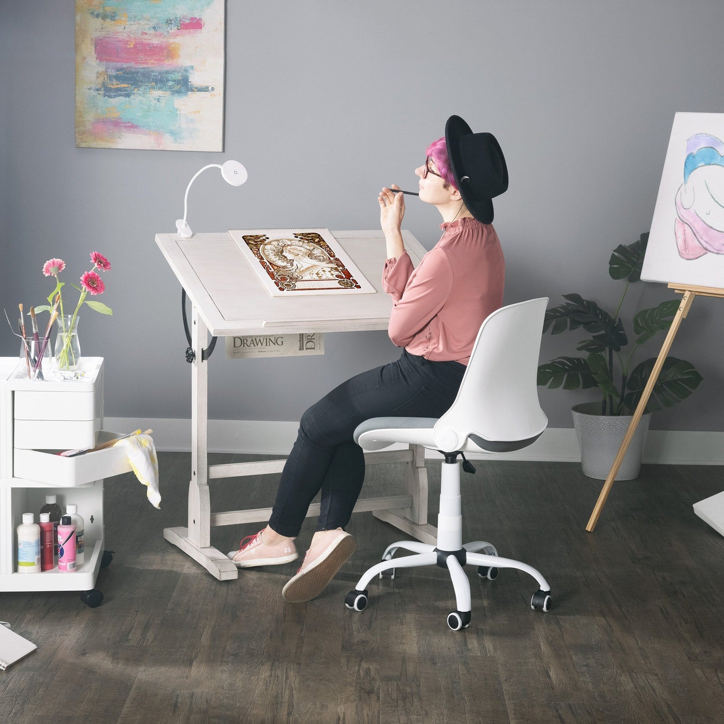 Studio Designs 36-inch Vintage Wood Drafting Table with Angle Adjustable Top for Drawing