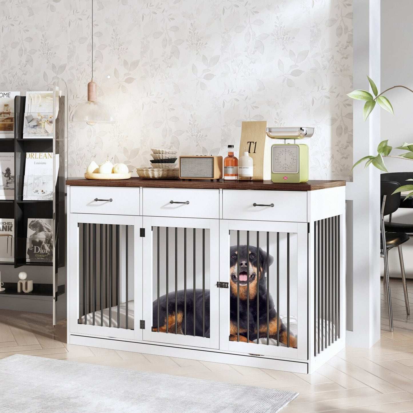 Stylish Wooden Dog Crate Furniture with Storage, 3 Drawers