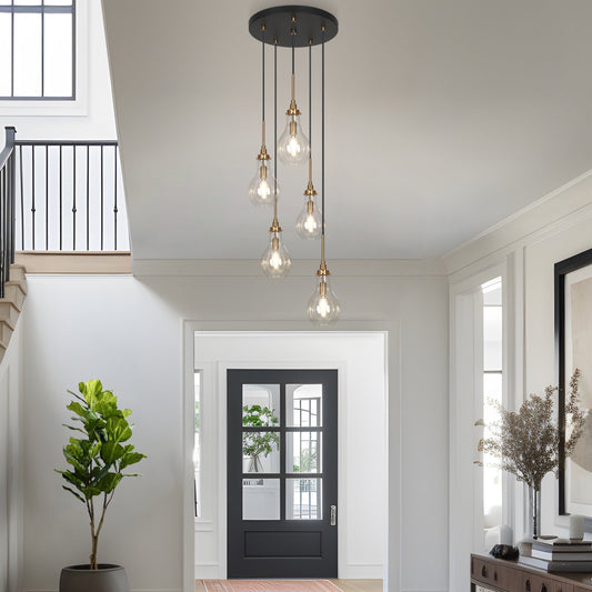 Synia Modern 5-Light Cluster Teardrop Glass Chandelier Stair Entryway Pendant Light for High Ceiling - D15'' x H18.2-74.2''