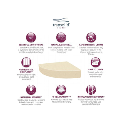 Transolid Studio 14-In X 14-In Solid Surface Wall-Mount Corner Shower Seat - 14.5 x 14.25 x 3