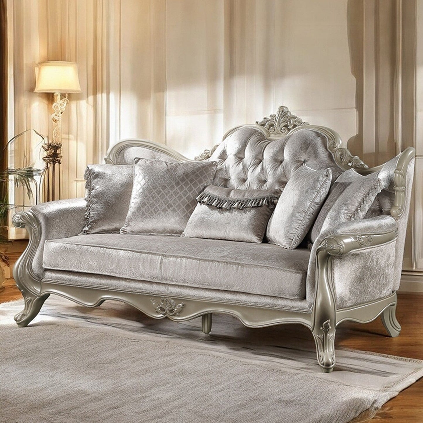 Upholstered Sofa with Button Tufted Back in Beige and Champagne