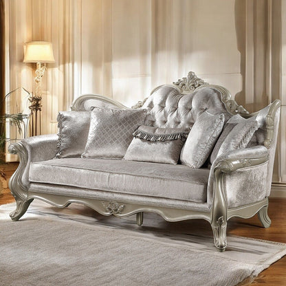 Upholstered Sofa with Button Tufted Back in Beige and Champagne