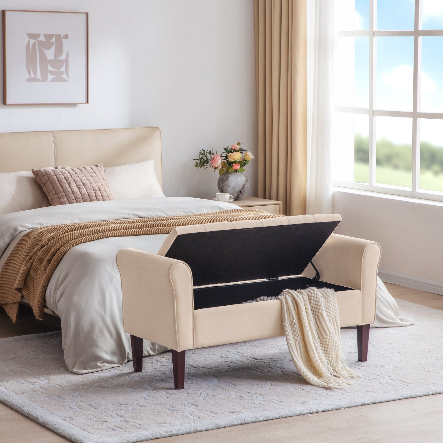 Upholstered Storage Bench Arm Bench Entryway Bench with Tufted Flip Top 50.4 Inches