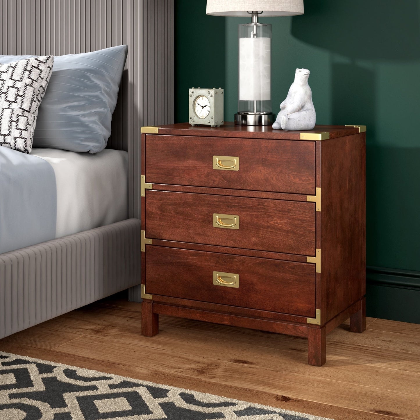 Valoria 3-Drawer Gold Accent Nightstand