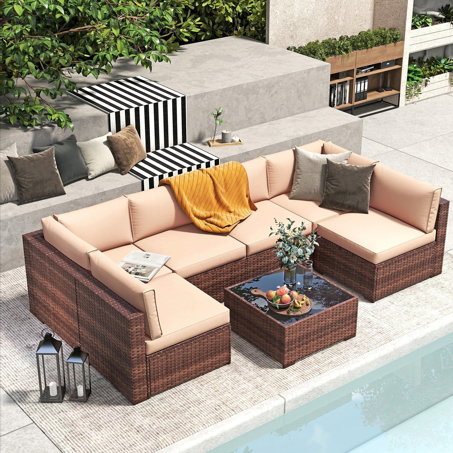 Wicker/ Steel 7-piece Outdoor Cushioned Sectional Sofa Set