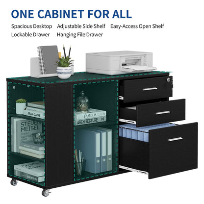 Wood File Cabinet with Charging Station Mobile Lateral Filing Cabinet Lockable Fits A4 Letter Legal Size Files