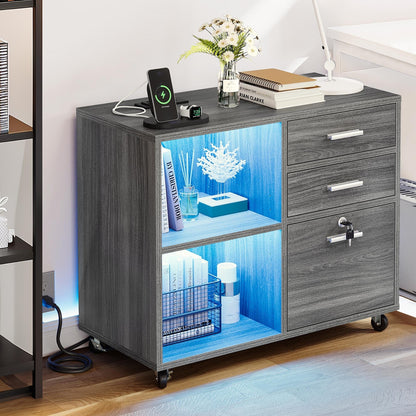 Wood File Cabinet with Charging Station Mobile Lateral Filing Cabinet Lockable Fits A4 Letter Legal Size Files