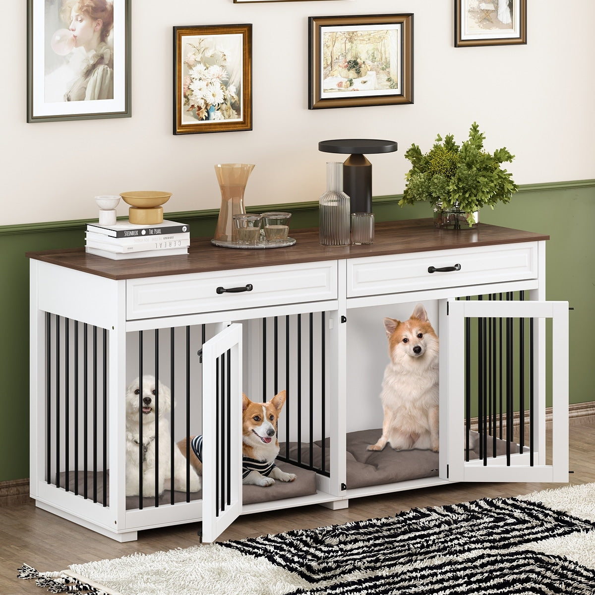 Wooden Double Dog Crate Kennel Furniture with 2 Drawers & Divider