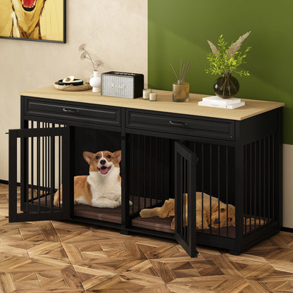 Wooden Double Dog Crate Kennel Furniture with 2 Drawers & Divider